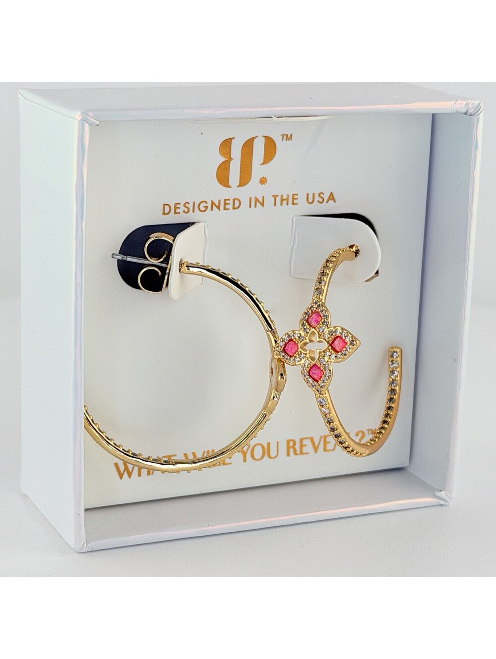 Bomb Party October Clover "Designer Agenda Hoops" Pink Fire Opal on Yellow Gold
